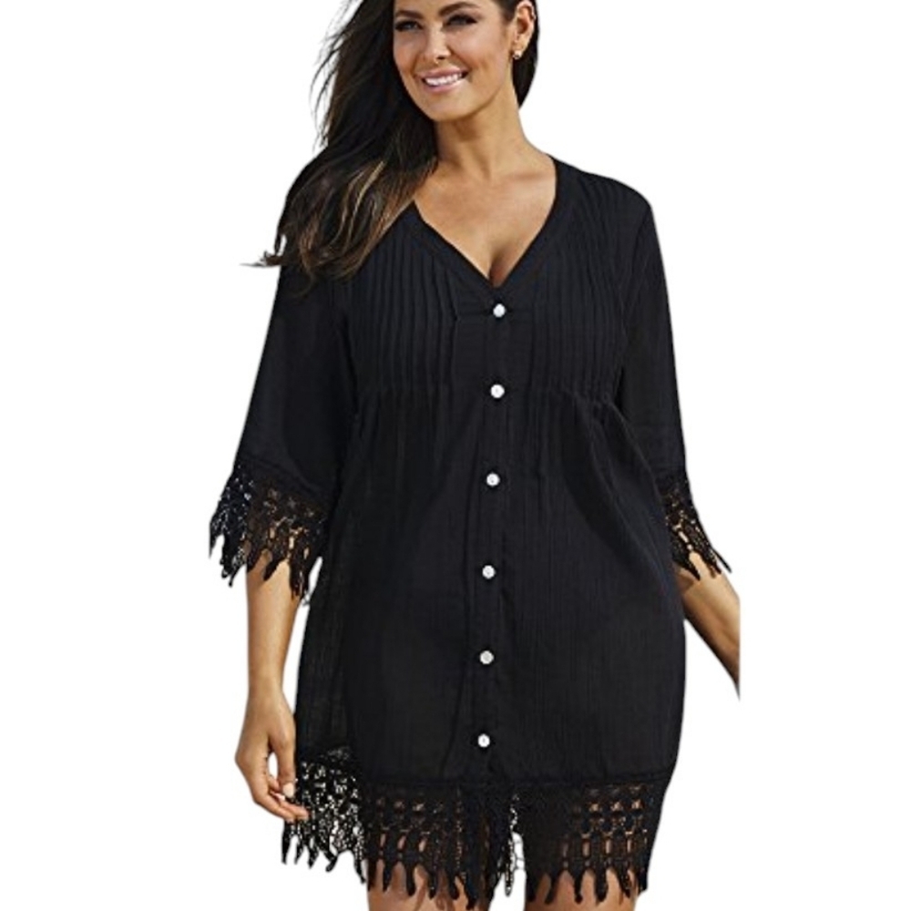 swimsuitsforall Women's Plus Size Crochet Trim Cover Up Black Size Large